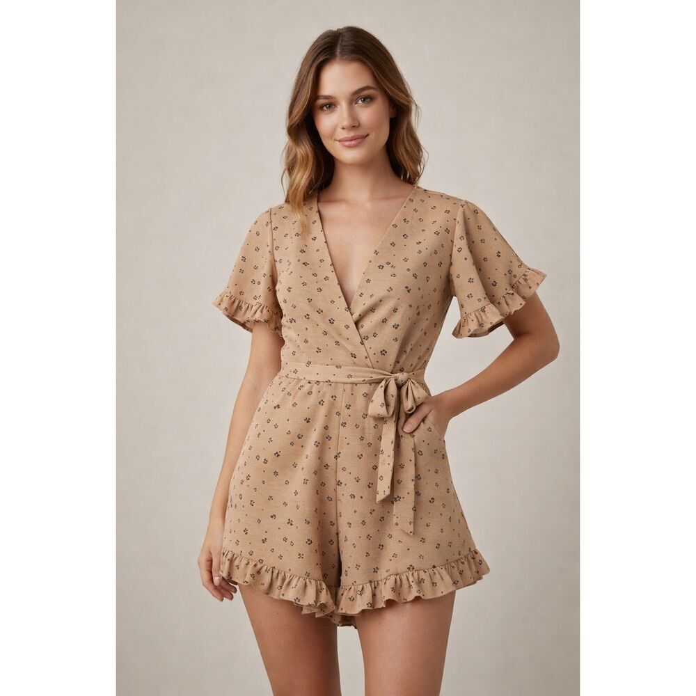 Showpo Floral Wrap Romper Tan Ruffle Mini Dress Womens US 4
